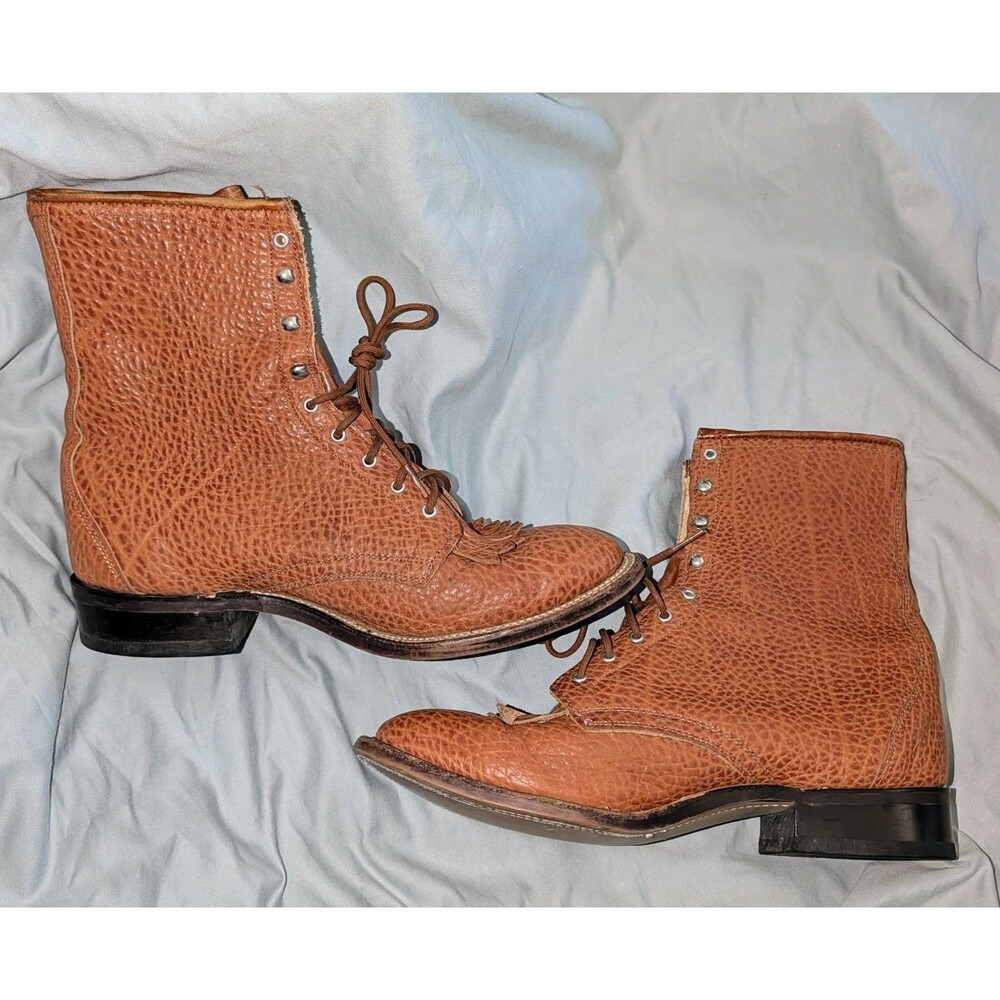 Laredo Packer Boots Pebbled Leather Lace Up Men 9 EE Made in USA Vintage